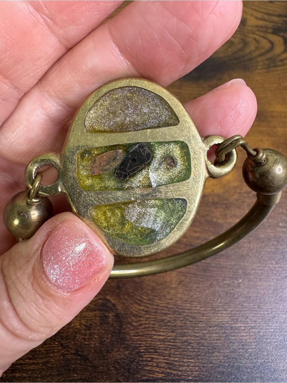 Hand Crafted Brass Bracelet with Green and Gold Inlay - Modernist - Picture 5 of 10